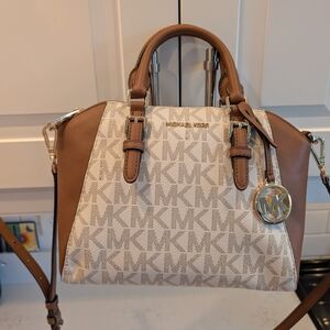 Michael Kors Cream and Brown Satchel with Signature Charm